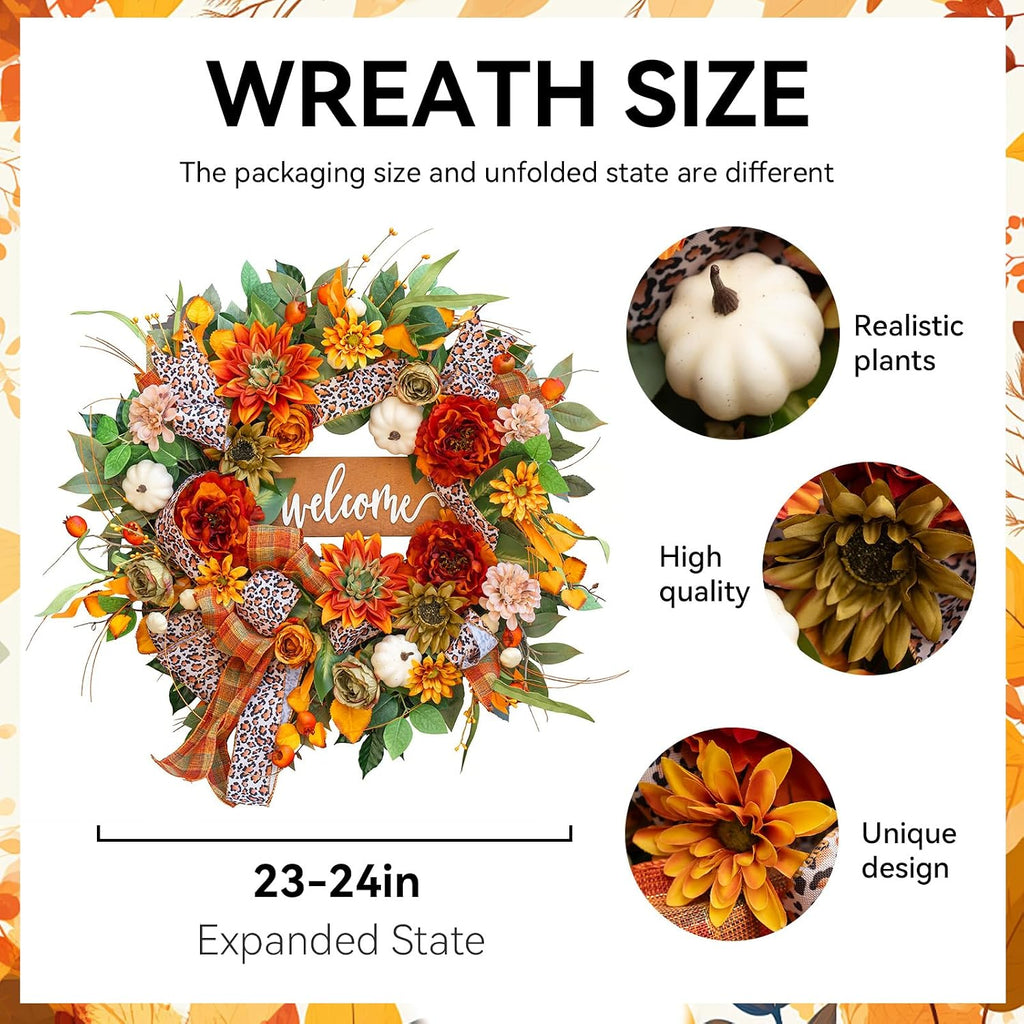 24 Inch Fall Wreaths for Front Door, Autumn Wreath with Welcome Sign