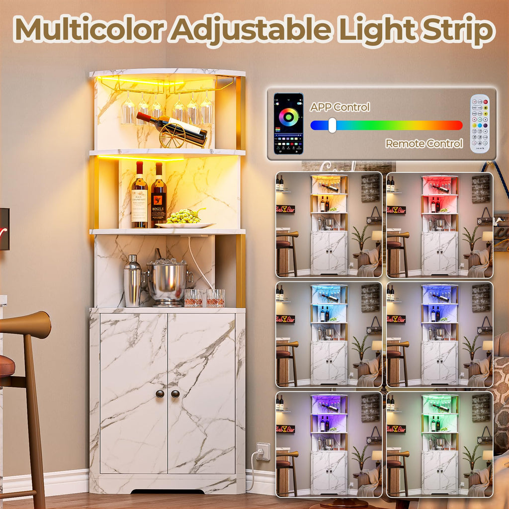 71'' Corner Bar Cabinet with LED Lights, 5-Tier Wine Rack with Power Outlets, Glass Holder and Door, Liquor Cabinet