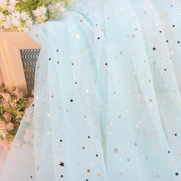 59" x 4 Yards Light Blue Glitter Tulle Rolls Star Moon Sequin Tulle Fabric Bolt for Photography Props Background Tutu