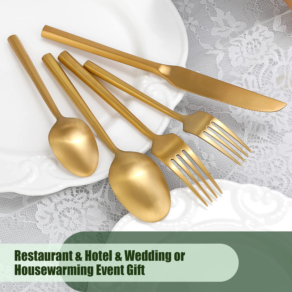 Gold Silverware Set Matte Finish Hexagon Handle Service for 8