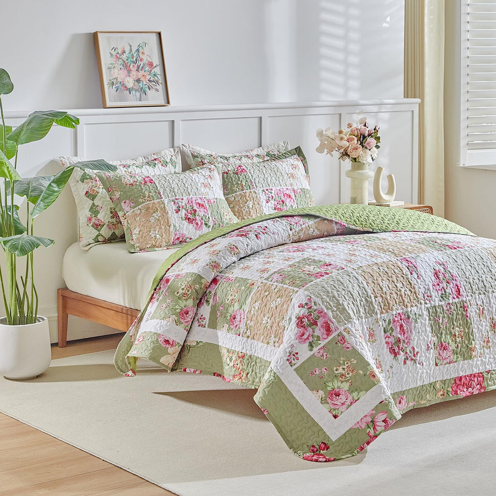Patchwork Quilt Set, 3 Pieces Green White Pink Floral Plaid Reversible American Country Bedspread Coverlet