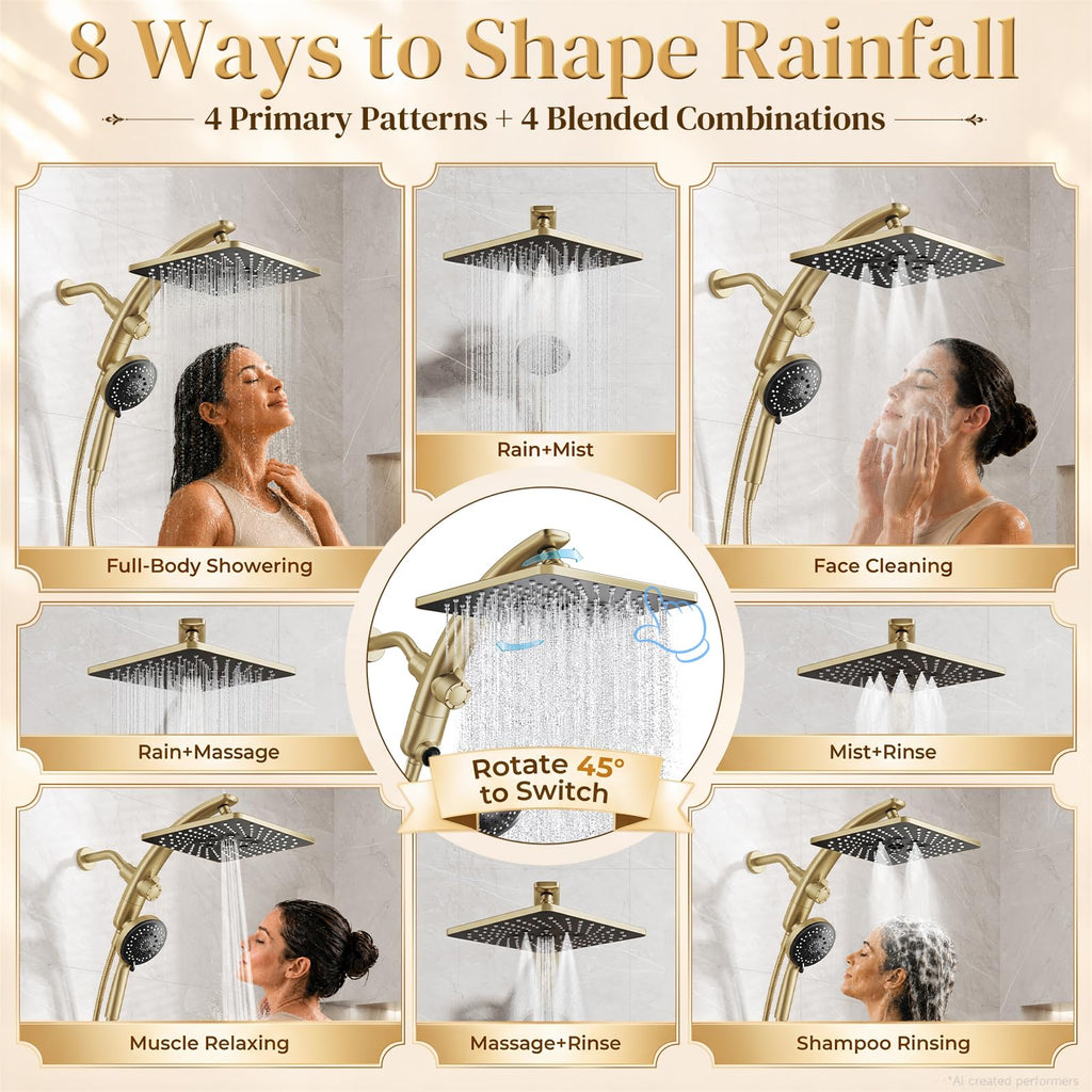 10" Gold Rain Shower Head with Handheld, 8 Functions Rainfall, Magnetic