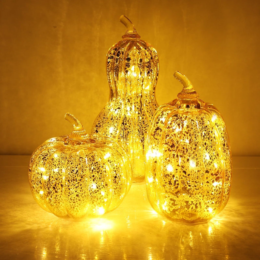 Lighted Glass Pumpkin Decor, Set of 3 Gold Mercury Glass Pumpkins with Lights and Timer for Fall Thanksgiving