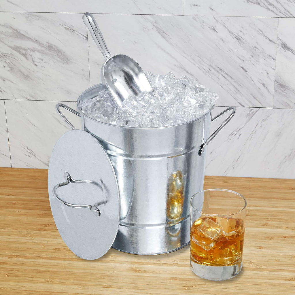 Insulated Ice Bucket with Lid, Scoop & Handles for Beer, Wine, Champagne, Beverages, 1 Gal Galvanized Metal Bucket
