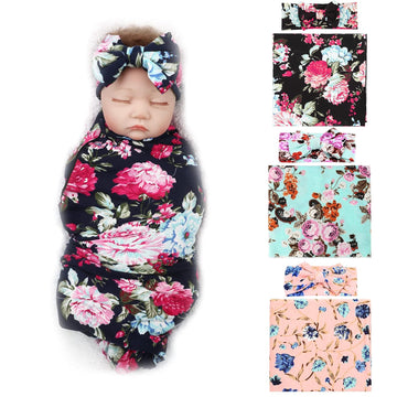 Floral Receiving Blankets 3 Sets Baby Swaddling with Bow Headbands Swaddle Wrap Toddler Warm Shower