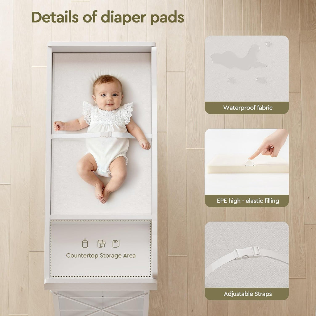 Baby Changing Table, 9 Fabric Boxes, Waterproof Pad, Mobile, White | Baby Changing Table,Waterproof Diaper pad &