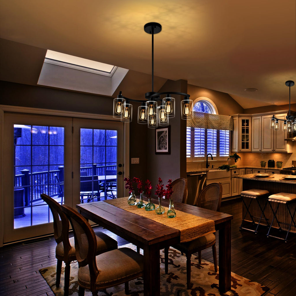 9-Light Black Modern Chandeliers, Adjustable Height Farmhouse Kitchen Island Lighting, Industrial Hanging Light