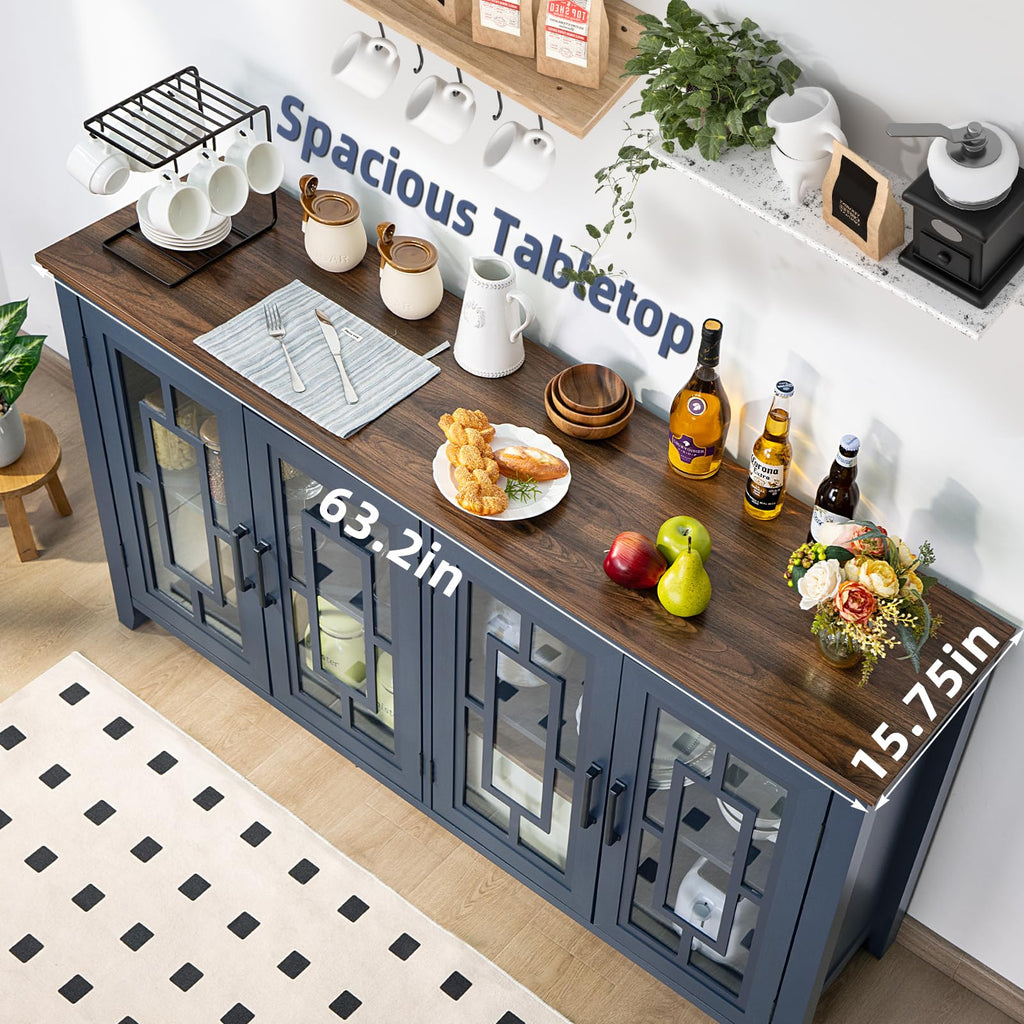 63" Farmhouse Sideboard Buffet Cabinet with Storage, Navy Blue