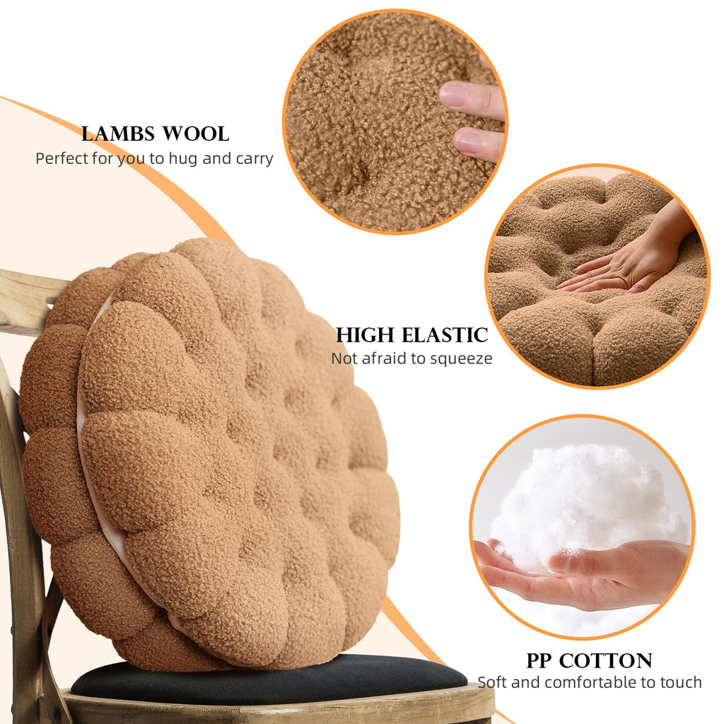Grey Boucle Throw Pillow 14" Round Cookie Pillow Thick Seat Cuhsion for Sofa Couch Patio Balcony Tatami Pad