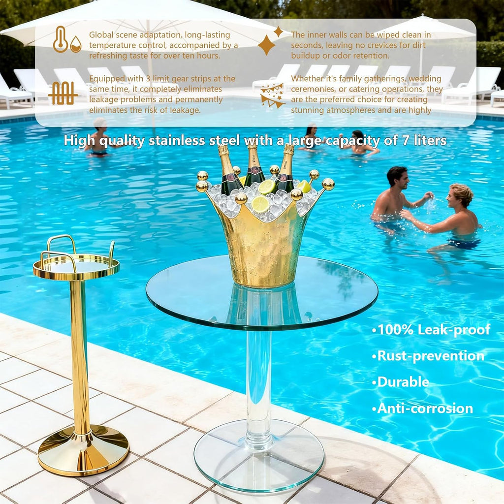 Crown Champagne Ice Bucket Gold with Stand,Gold Crown Ice Buckets, 7l Crown Shaped Stainless Steel Luxury Vertical