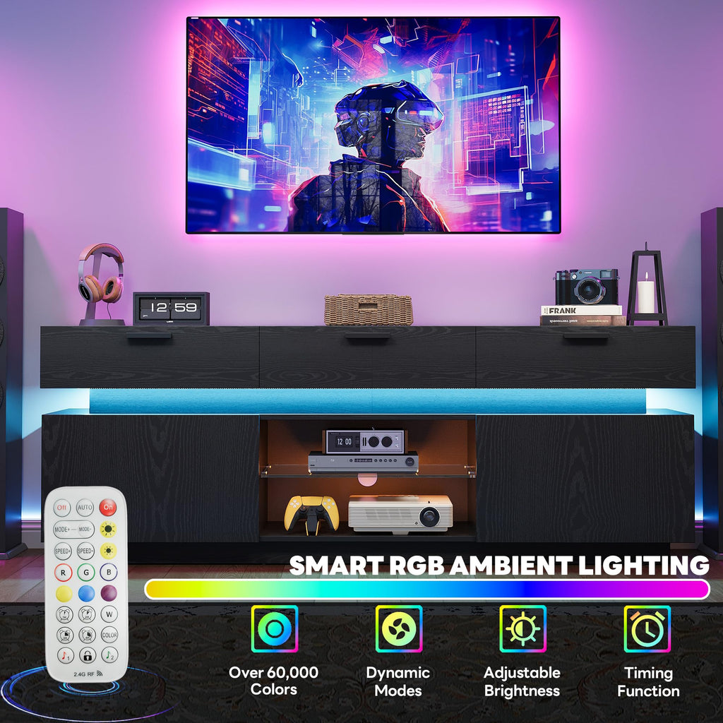 TV Stand for TVs up to 85", LED Lights and Power Outlets, Black