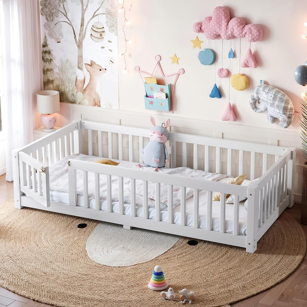 Twin Size Floor Bed Frame with Fence and Door for Kids, Montessori Floor Bed with Slats and Safety Guardrails,Solid