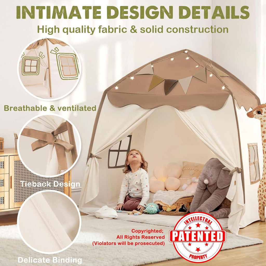 Extra Large Kids Play Tent with Flags & Star Lights, Portable & Foldable Teepee Tents, Dome Tent Playhouse for Indoor
