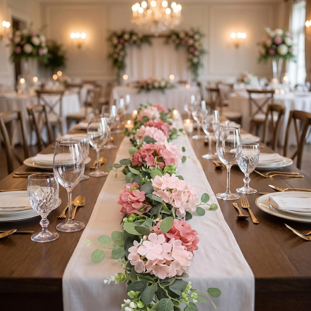 Artificial Hydrangea Flower Garland with Eucalyptus & Baby's Breath 6FT Floral Vines Greenery Garland for Mantel - Set of 2