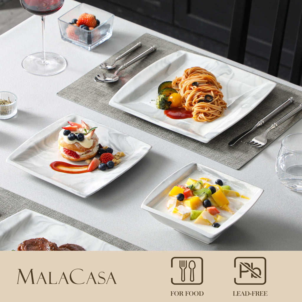Plates and Bowls Sets, 12-Piece Porcelain Dinnerware Sets for 4, Square Plates and Bowls for Dessert, Salad and Soup
