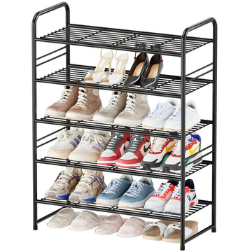 Heavy Duty 5 Tier Shoe Rack, 27 Inch Wide Closet Metal Shoe Storage Organizer Stackable, Black