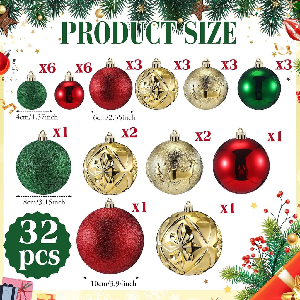 Shatterproof Christmas Ball Ornaments,Red, Green, Gold - Set of 32