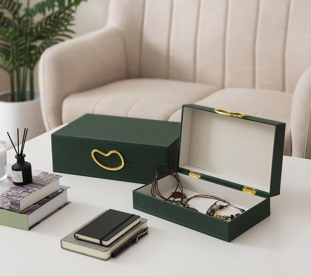 Faux Leather Boxes with Lids, Forest Green - Set of 2