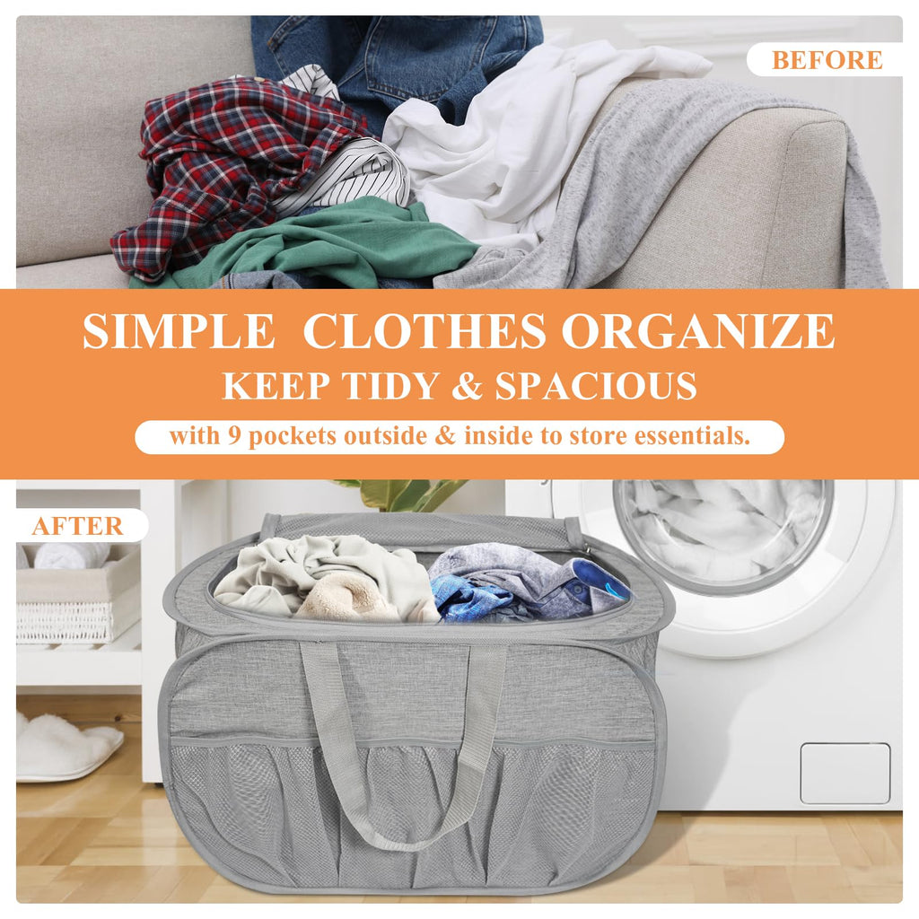 Collapsible Laundry Baskets with Lid, Foldable Laundry Basket with Pockets, Pop Up Laundry Hamper with Dual Handles