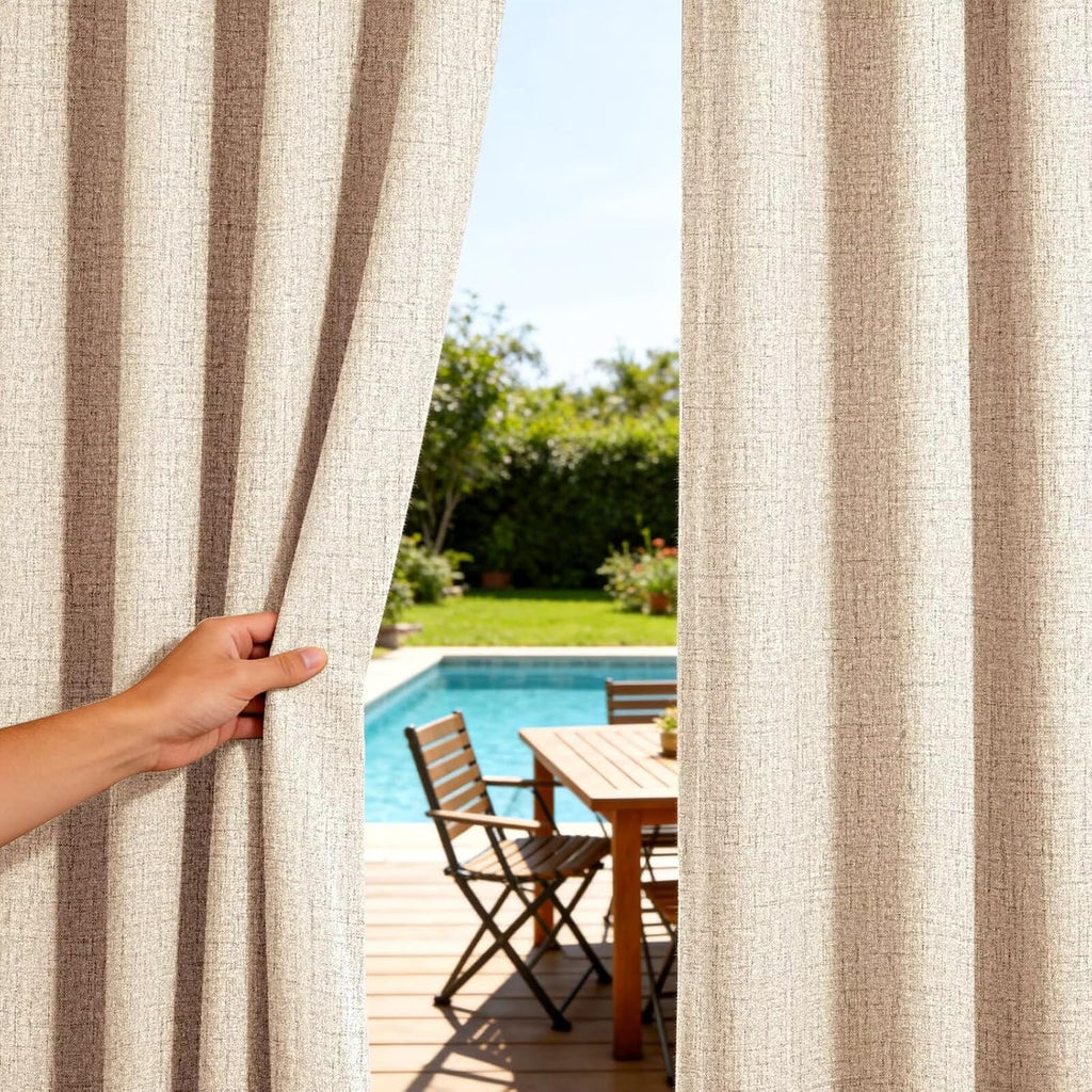Outdoor Curtains Waterproof, 2 Panels Non-See-Through Linen Curtains with Grommet Top Indoor Outdoor Drapes for