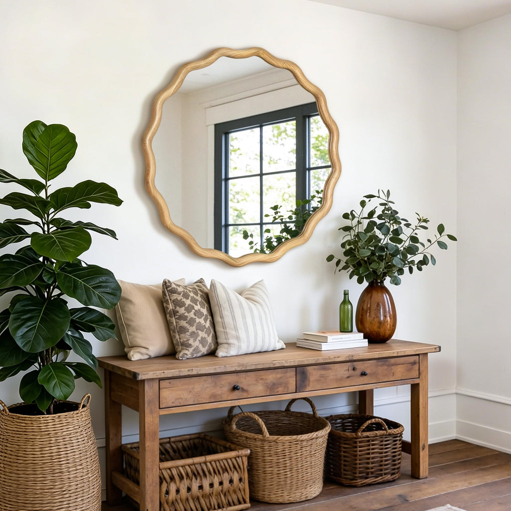 Round Wavy Wall Mirror, 30" Circle Boho Scalloped Mirror