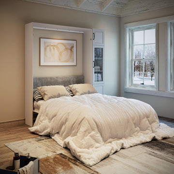 Farmhouse Murphy Bed Queen, 85" Wall Bed Folds to Save Space, Concealed Bed Frame with 1 Glass Storage Cabinet and