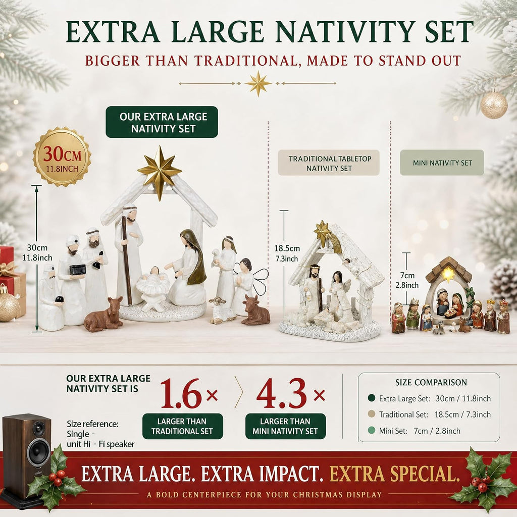 Large Christmas Nativity Scene Set, 12 Piece Resin Holy Family Figurines, 11 Inch Christmas Nativity Set, Jesus