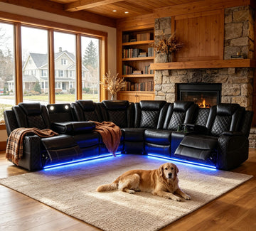 Breathing Leather Power Reclining Sofa Set, Sectional Couch with LED Light