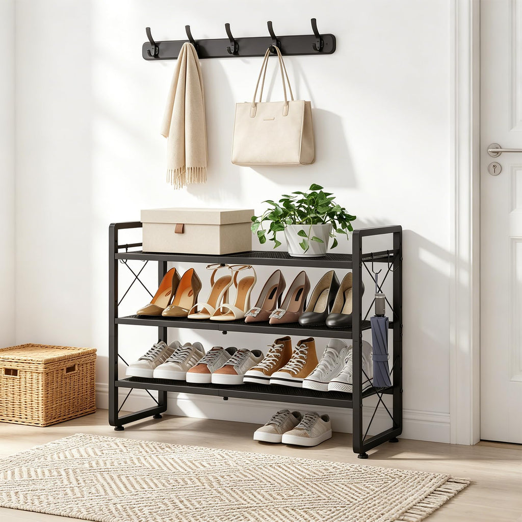 Expandable Shoe Rack for Closet, 3-Tier Metal Black Shoe Organizer