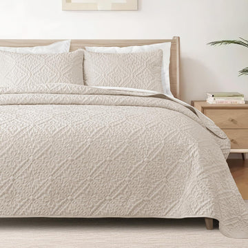 Queen Quilt Bedding Set, Lightweight Soft Bedspreads Coverlets with 2 Pillow Shams, Modern Brich Beige Quilts Queen