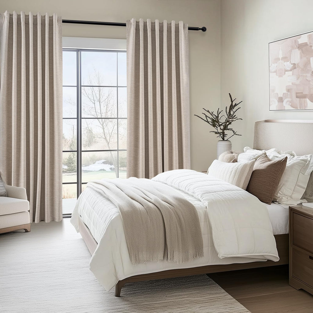 Extra Long Linen Blackout Curtains 132 Inches Long Farmhouse High Ceiling Mount Track Tall Curtain with Hooks Drapes