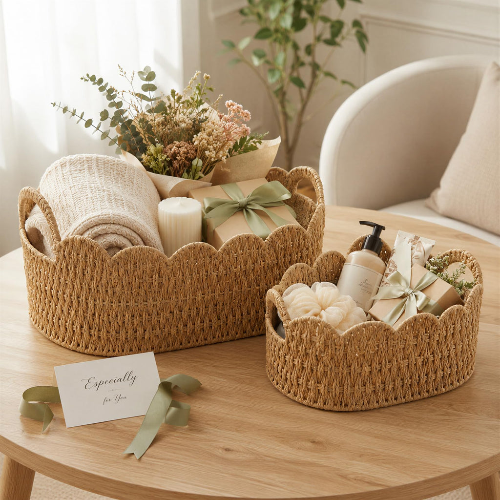 Paper Rope Scalloped Basket Set of 2, Wicker Storage Baskets for Shelves, Gifts, Books, Toys, Cute Decor Rattan Baskets