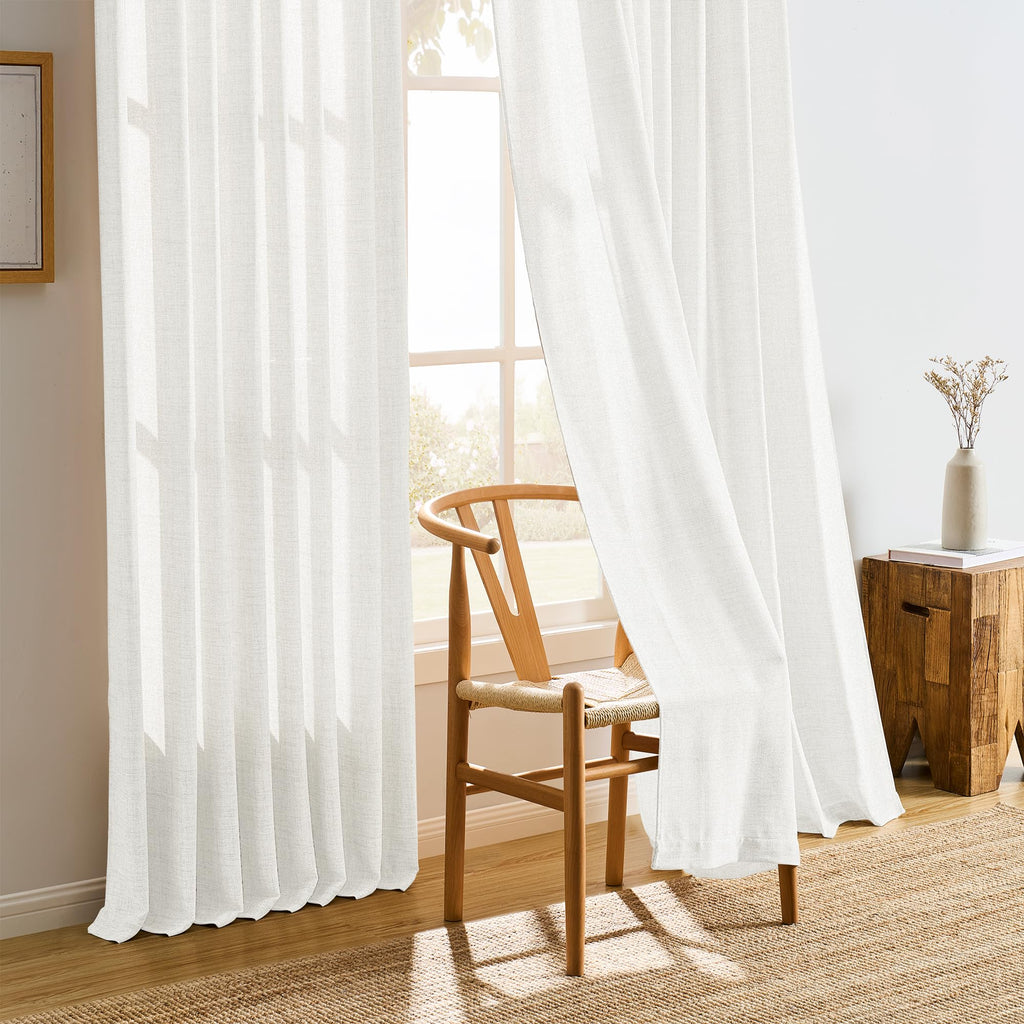 White Linen Pinch Pleated Semi Sheer Curtains 2 Panels 130 Inches Long, Back Tab with Hooks, Window Treatment