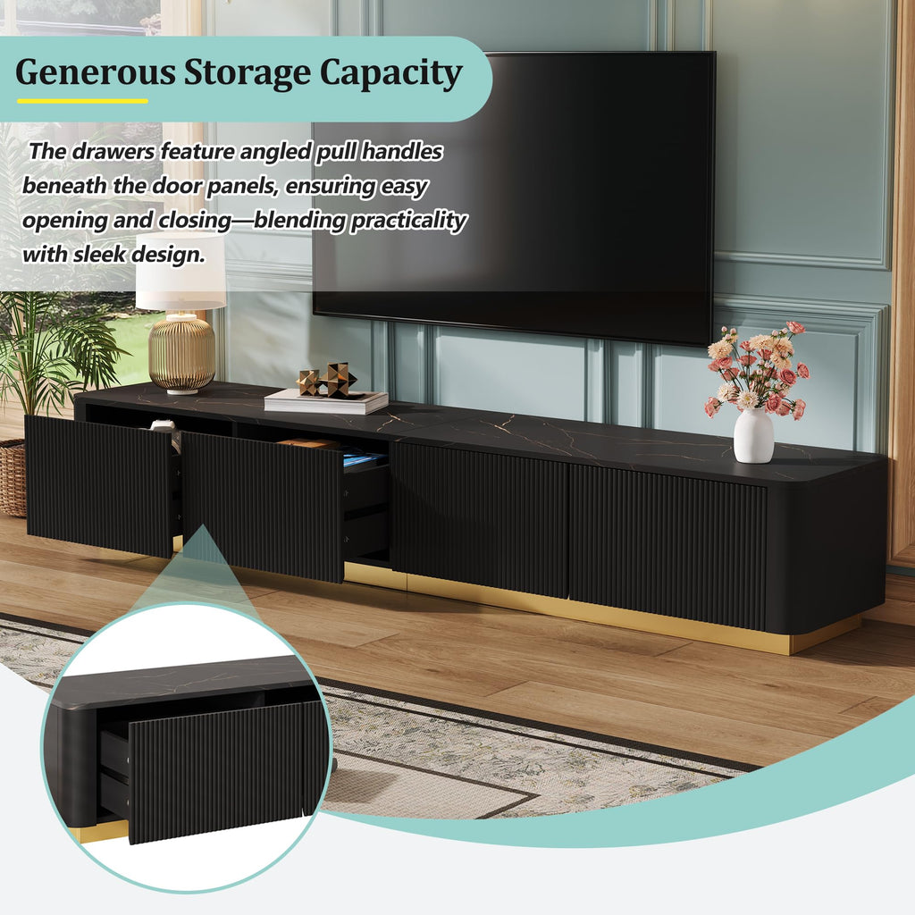 Modern Fluted TV Stand for TVs up to 85", Faux Marble Top, Black