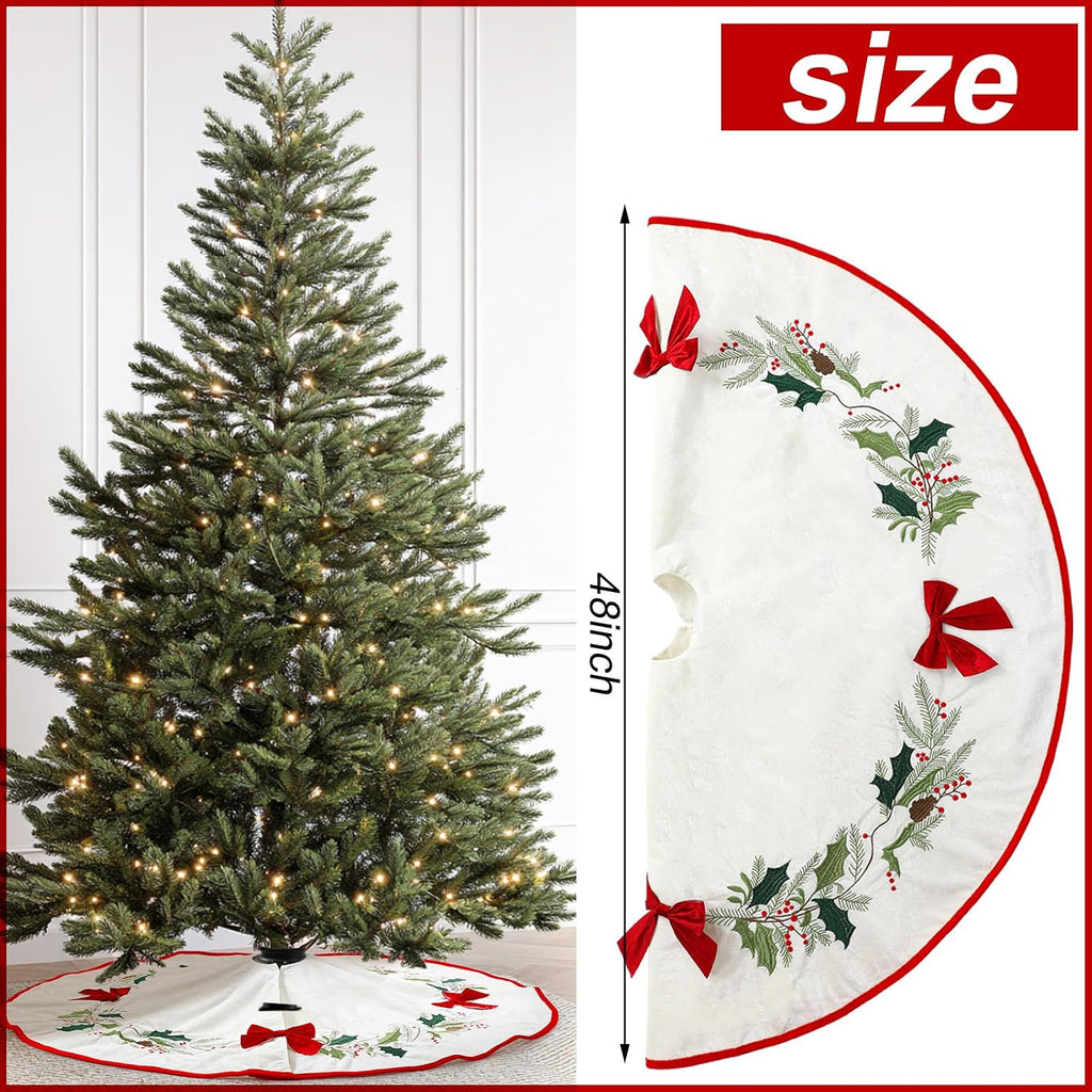 48 Inch Velvet Christmas Tree Skirt Red Bow Holly Embroidery