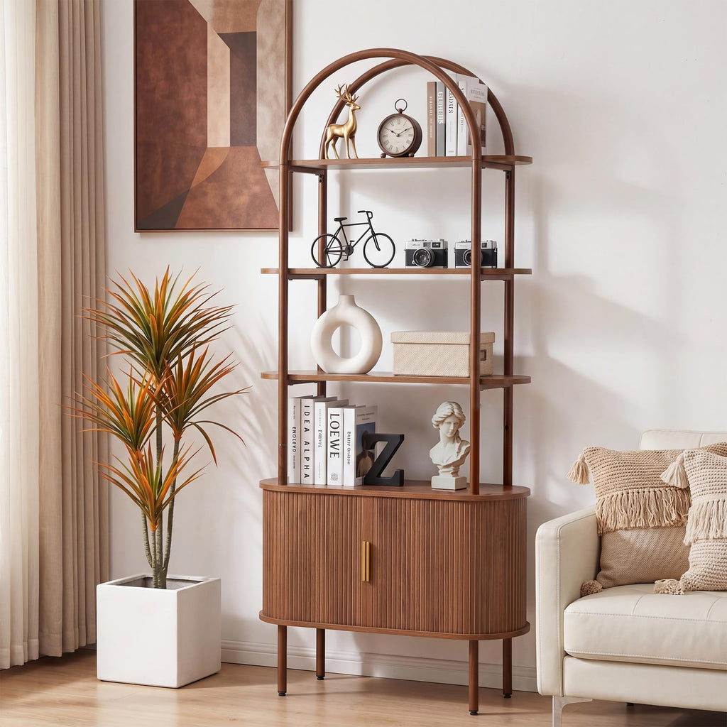 71" Tall Arched Bookshelf, Mid Century Modern Bookcase