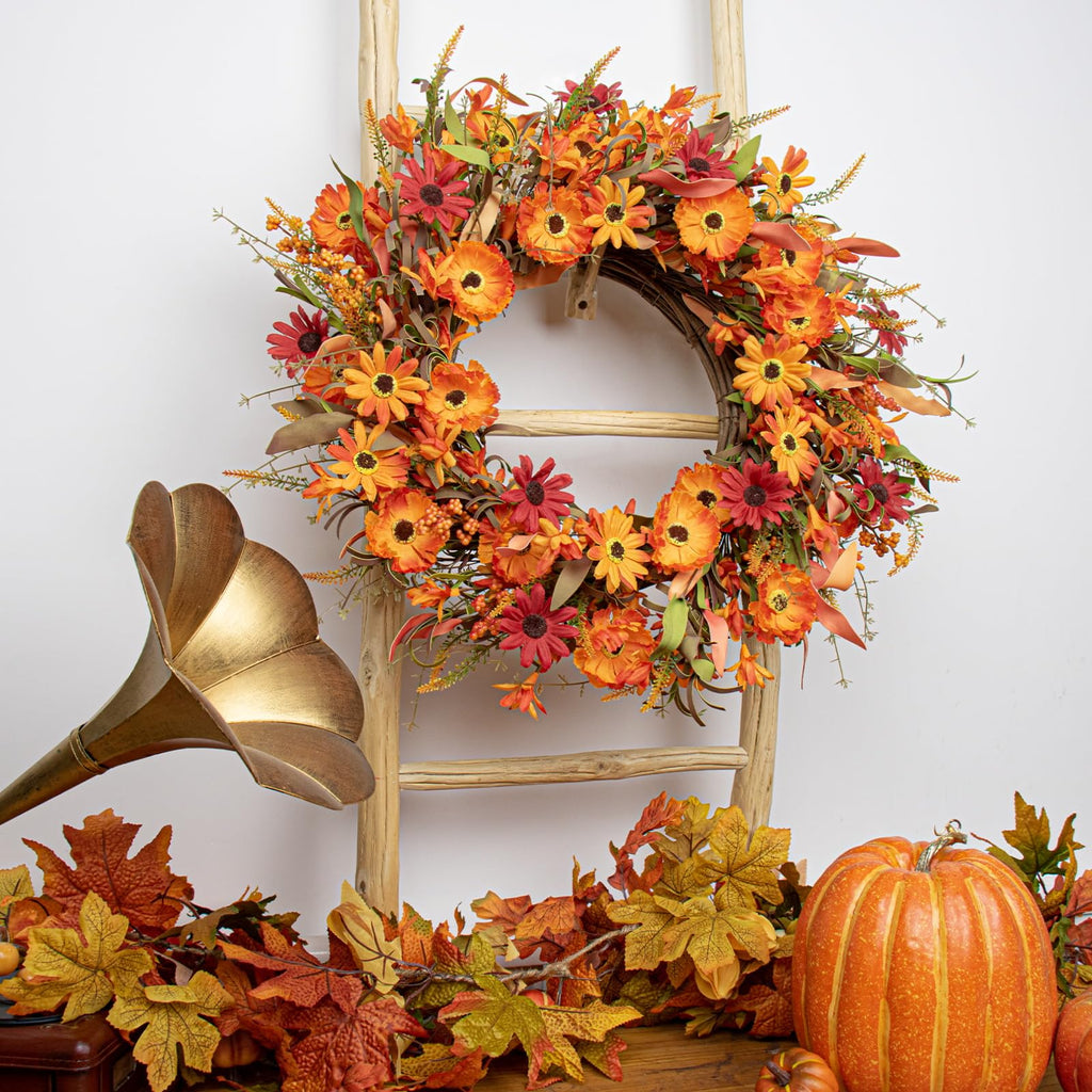Artificial Fall Wreath 22 Inch Autumn Wreaths for Front Door Orange Daisy Wreath with Wildflowers Berries for Indoor