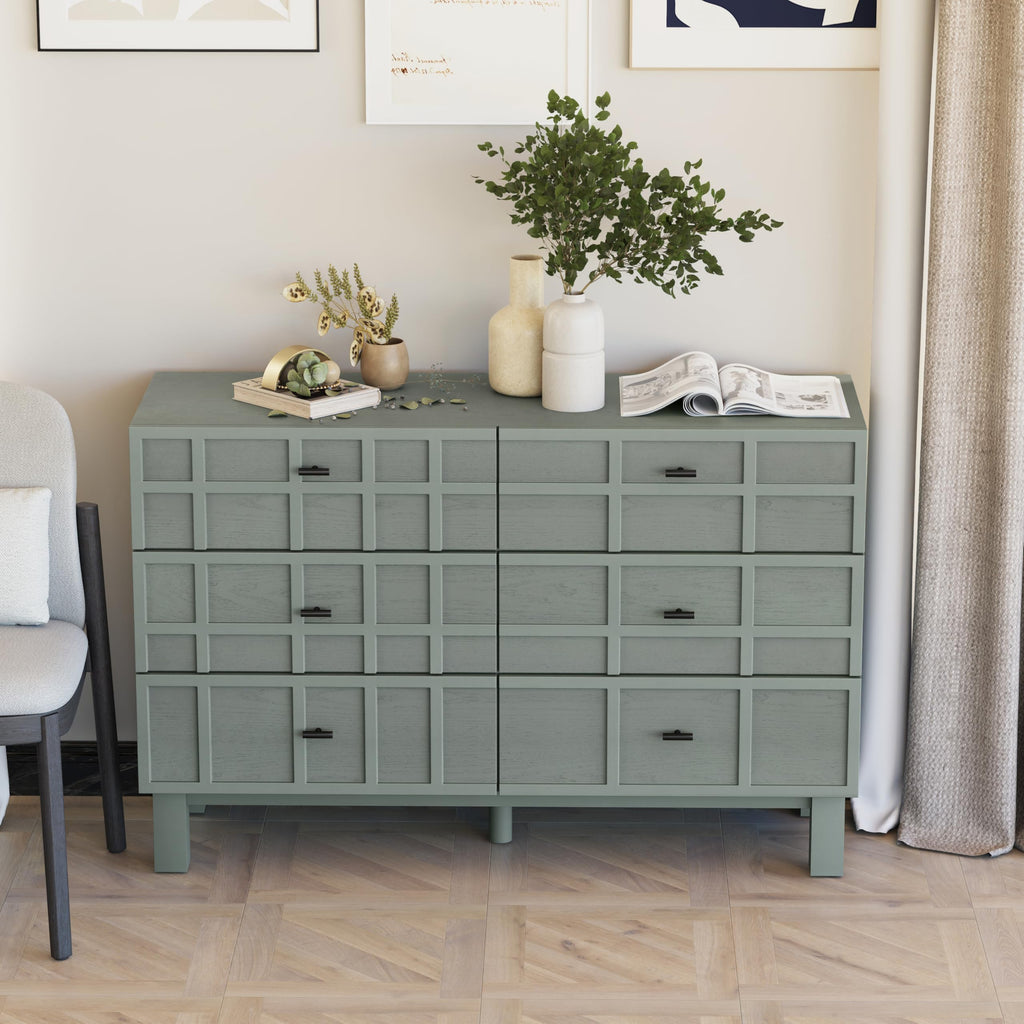 Modern 6 Drawer Double Dresser X 2P with Grid Carved Pine Front, Minimalist Chest of Drawers with Large Storage Space