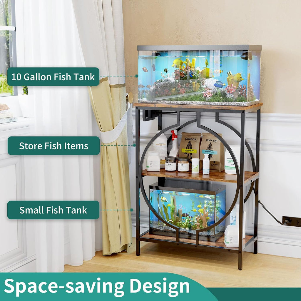 10 Gallon Aquarium Stand with Power Outlet, 3 Tier Heavy Duty Metal Fish Tank Stand with Storage, Fish Tank Table