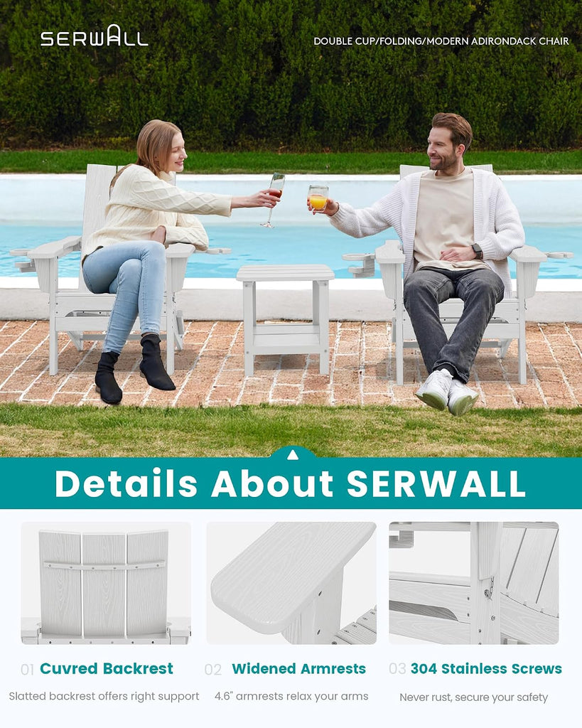 Modern Folding Adirondack Chairs Set of 2, HDPE, Cup Holders, White | Outdoor All-Weather Lawn Adirondack Chairs Wood