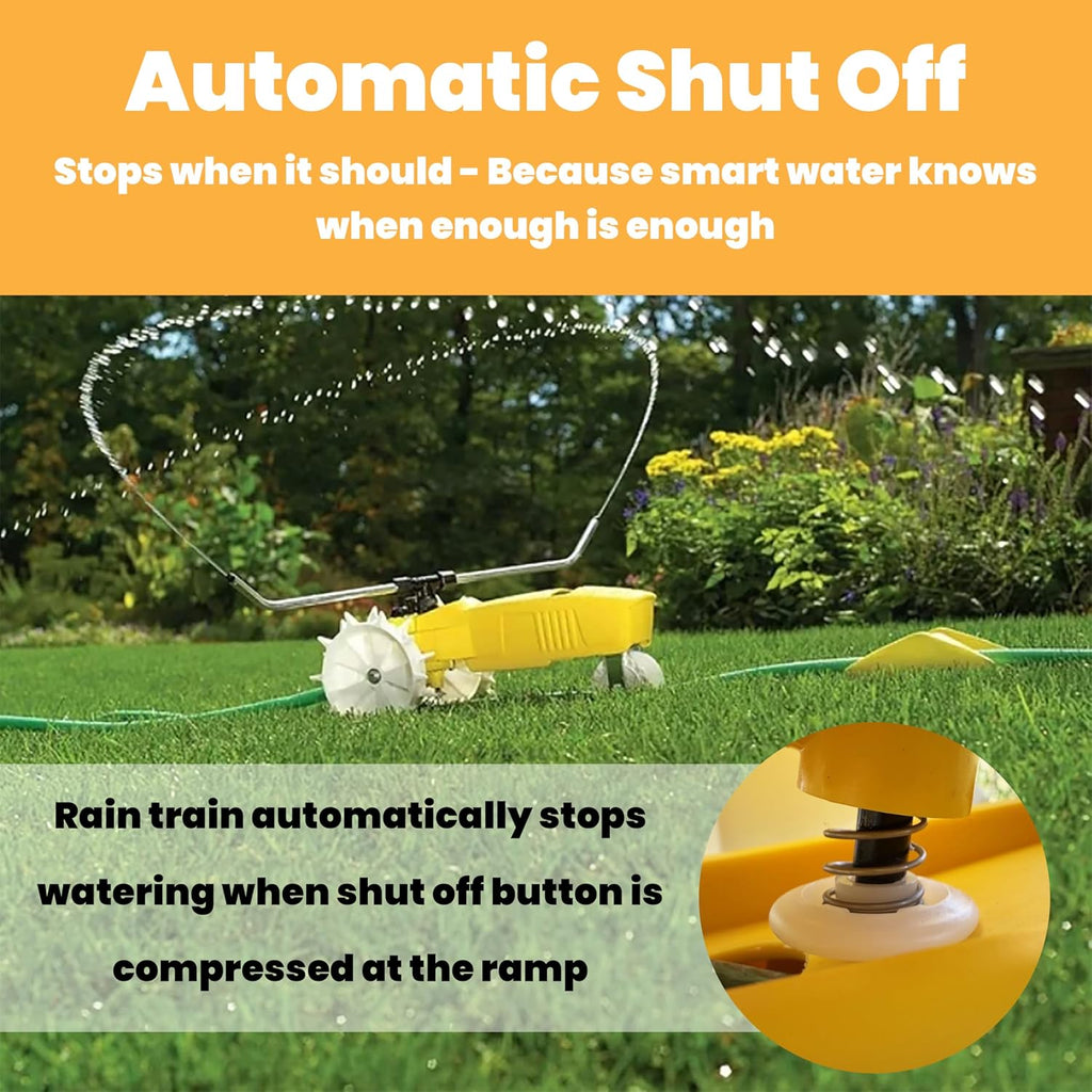 Rain Train 13,500 Square Feet Cast Iron Outdoor Lawn Traveling Water Sprinkler for Yard, and Garden, with Auto Shut