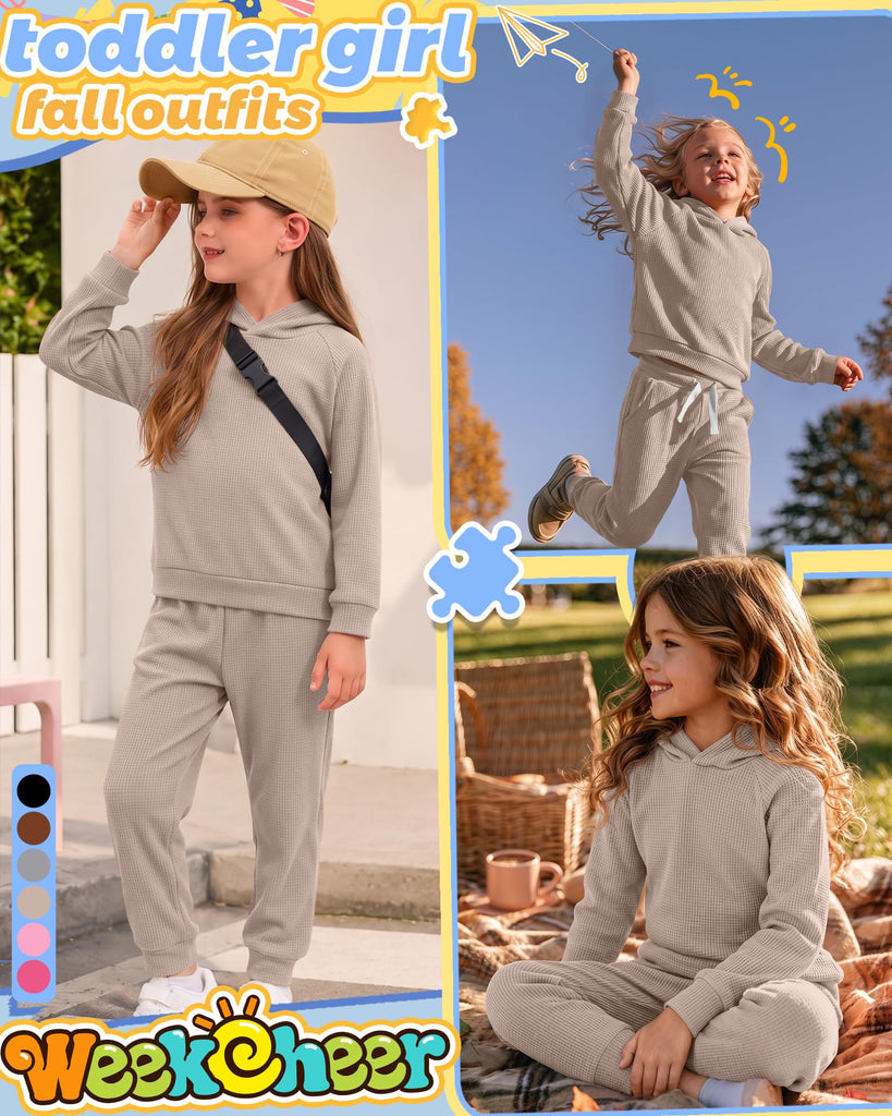 Toddler Girl Waffle Sweatsuit Fall Outfit 2 Pcs Set Mocha
