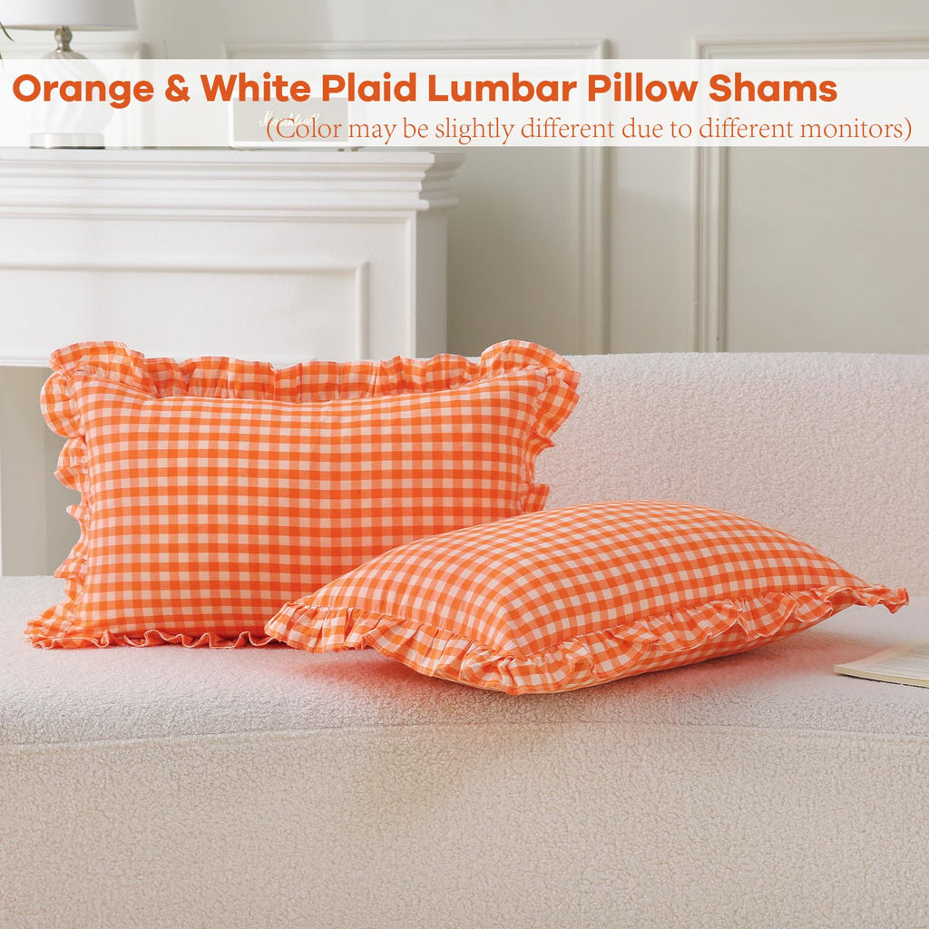 2 Pack Orange Gingham Lumbar Throw Pillow Shams 12''x20''
