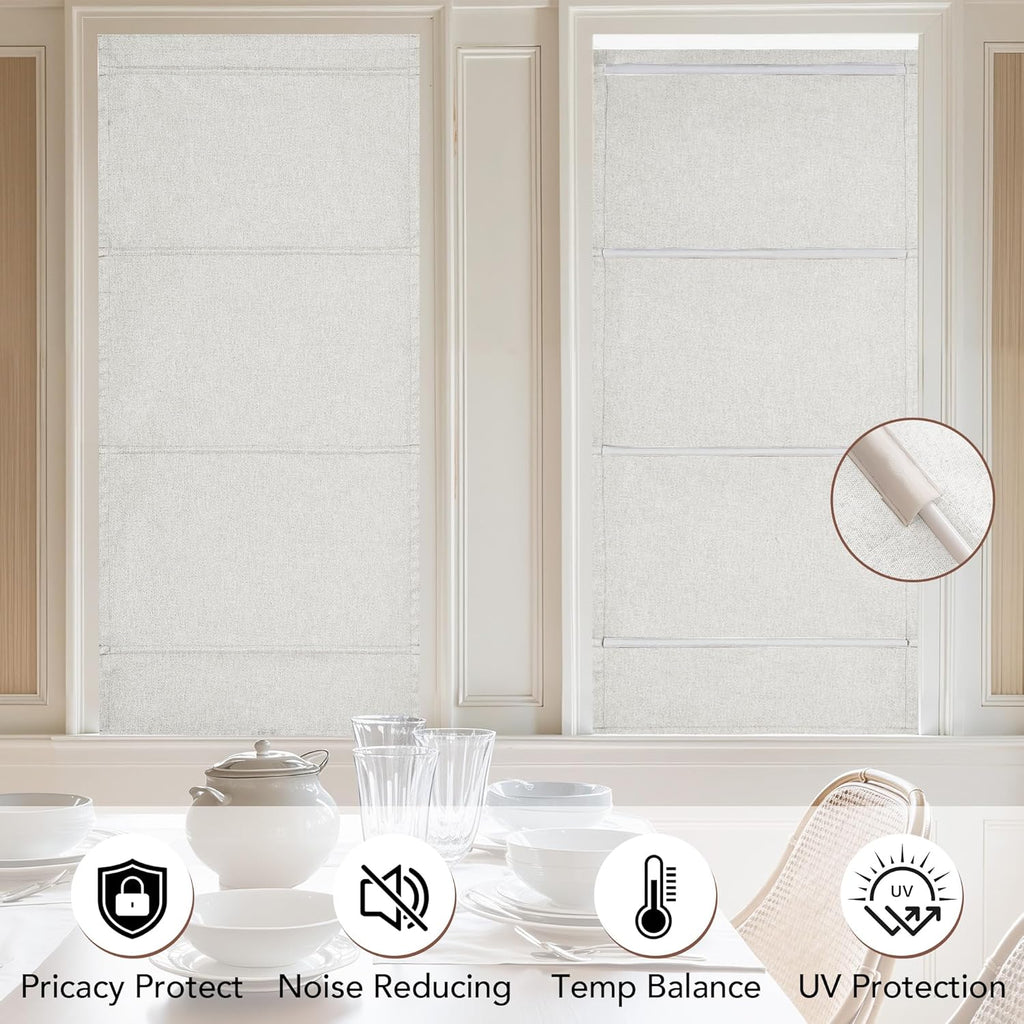 Linen 100% Blackout Roman Shade for Doors, No Drill Cordless Thermal Insulated French Door Curtain, Adhesive Top &