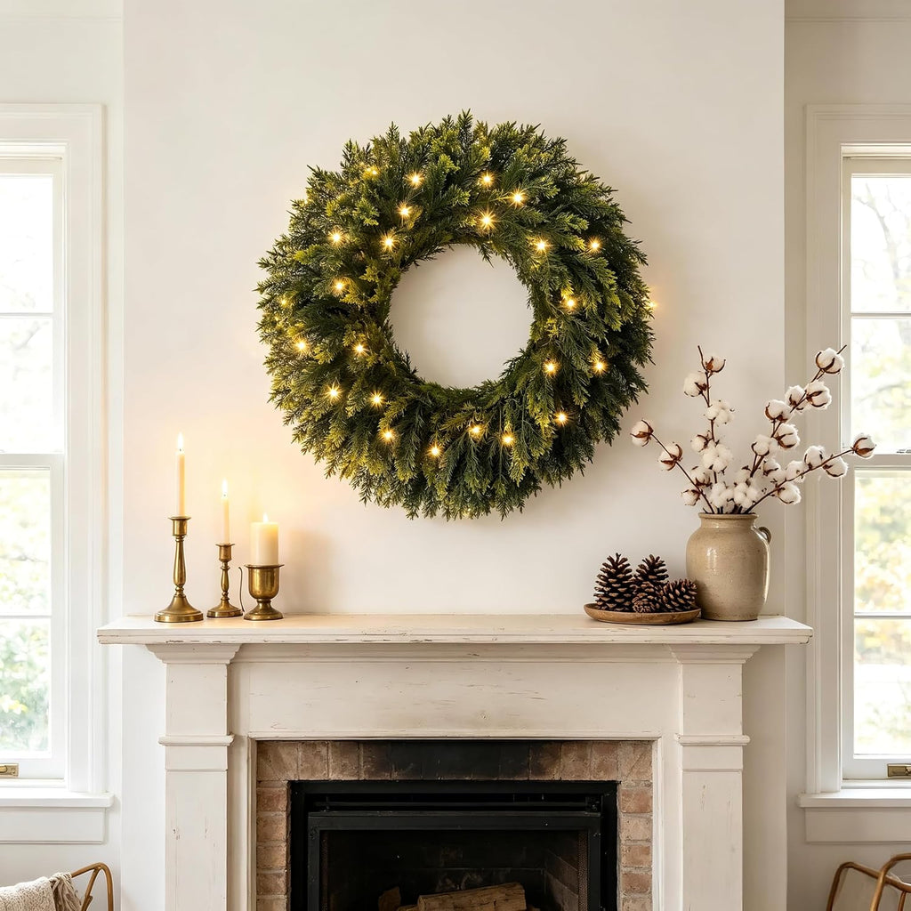 26 Inch Lighted Real Touch Christmas Cedar Wreath for Front Door | Artificial Greenery Foldable Wreath with Lights