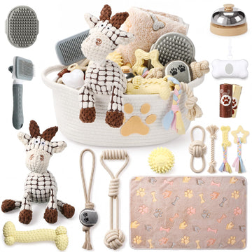 17 Pcs Puppy Gift Set, Dog Toy & Essentials Bundle, Beige, Sheep