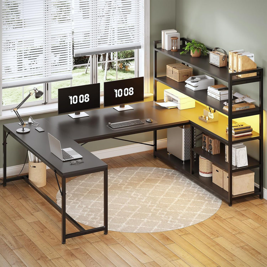 L Shaped Gaming Desk, 63'' Reversible Computer Desk with Power Outlet and Storage Shelves, Corner Gaming Desk with