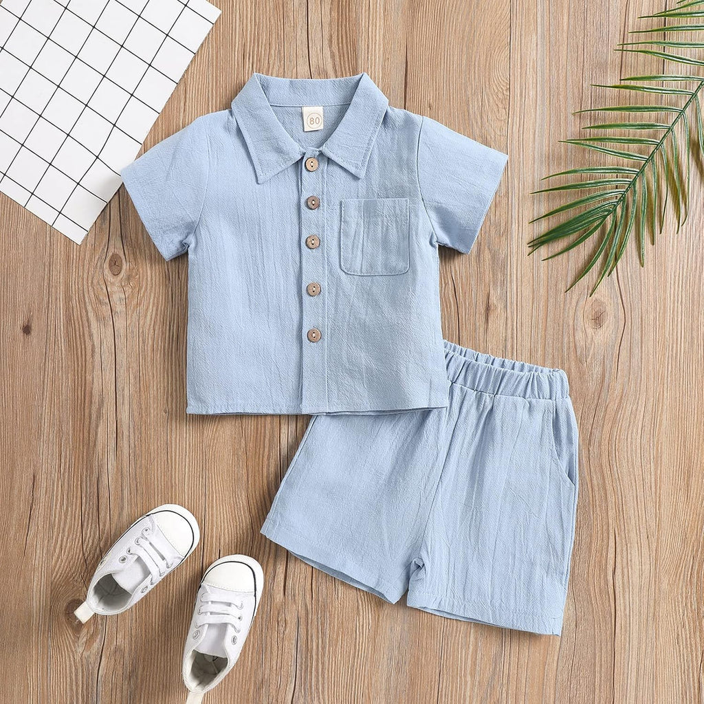 Toddler Baby Boys Clothes Set Button-Down Shirt Tops + Cotton Linen Shorts Summer Outfit 2PCS with Pockets