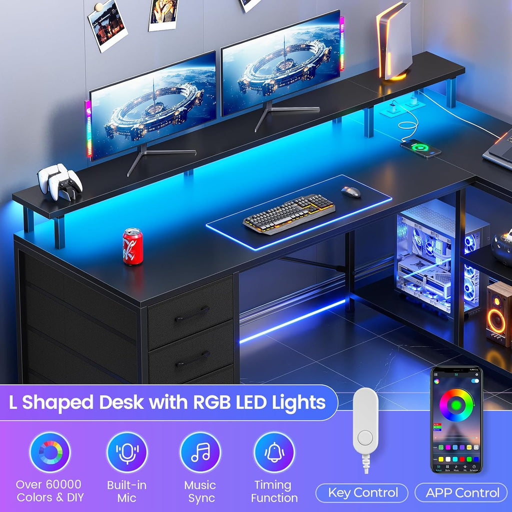 L Shaped Gaming Desk with 4 Drawers, Shelves, Power Outlets, Black | L Shaped Desk with LED Lights , Computer Desk