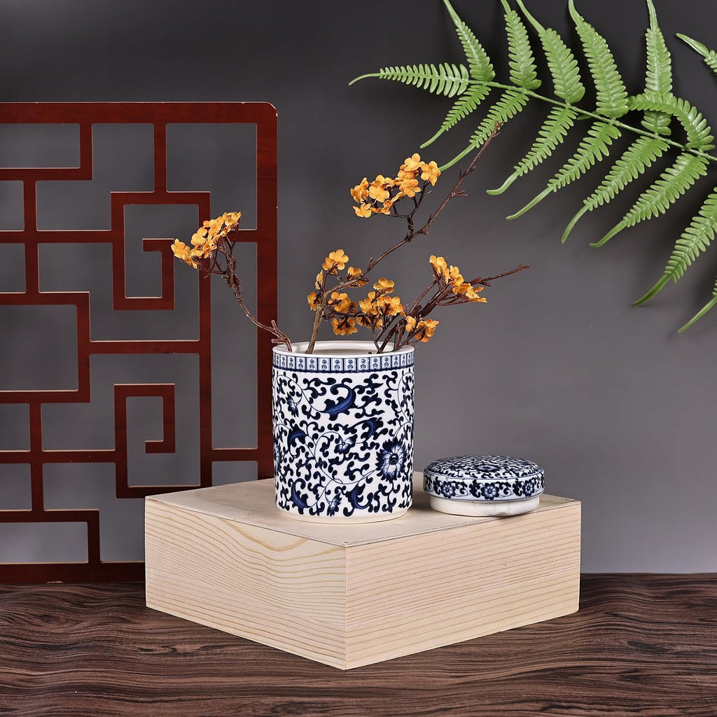 Chinese Traditional Antique Style Blue and White Porcelain Ginger Jar Ceramic Covered Jar Flower Vase with Lid, Ming - Set of 3